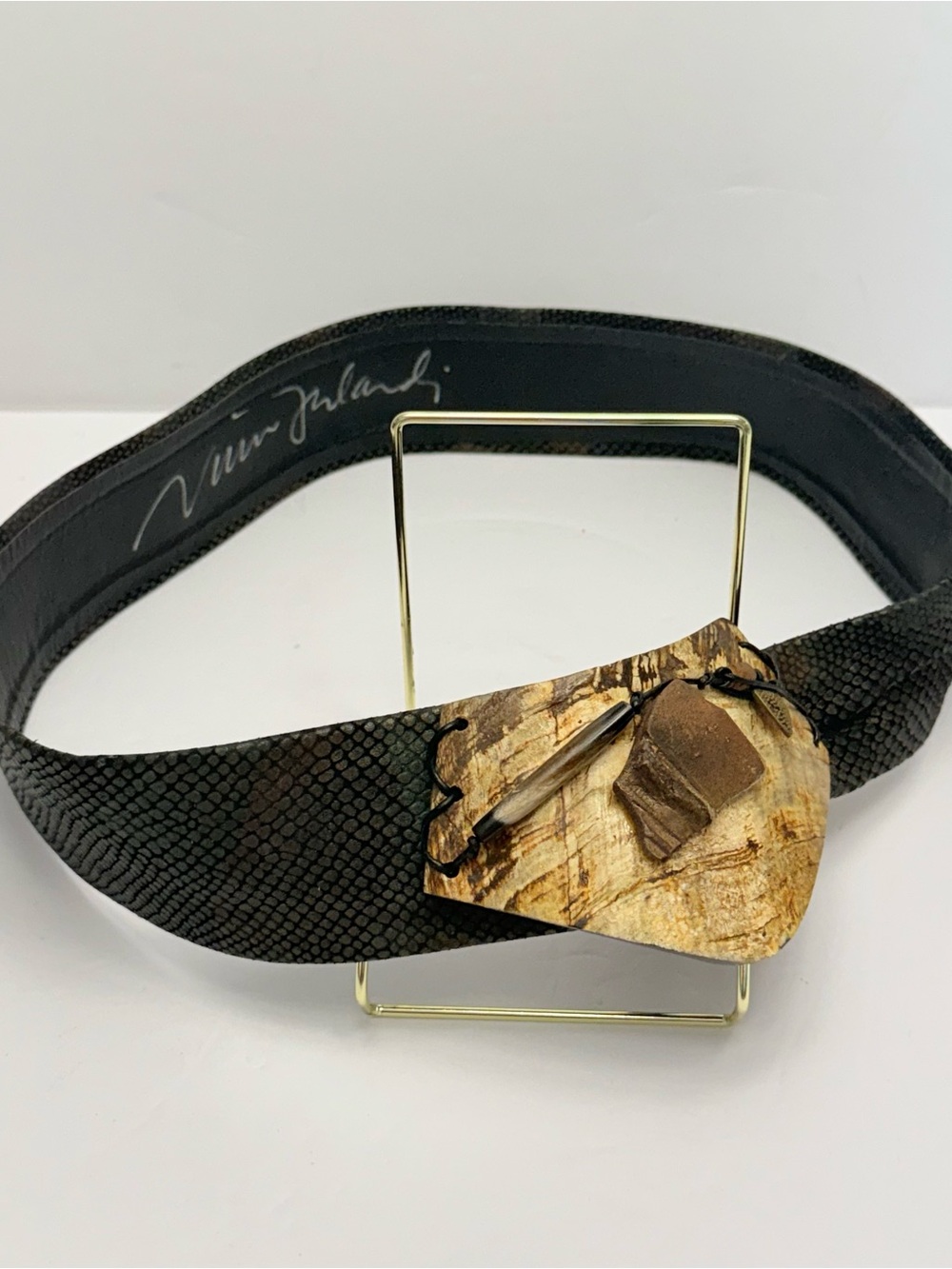 Vintage Nina Gelardi Leather Belt Signed Mixed Media Buckle Unusual Wearable Art